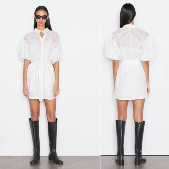 NWT Frame Inset Lace Puff Sleeve Button Front Dress White Blanc Size: Large - Picture 8 of 8